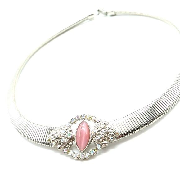 Silver-tone Flat Snake Chain with faux Gemstone & AB Rhinestones 16" Choker - Picture 11 of 13